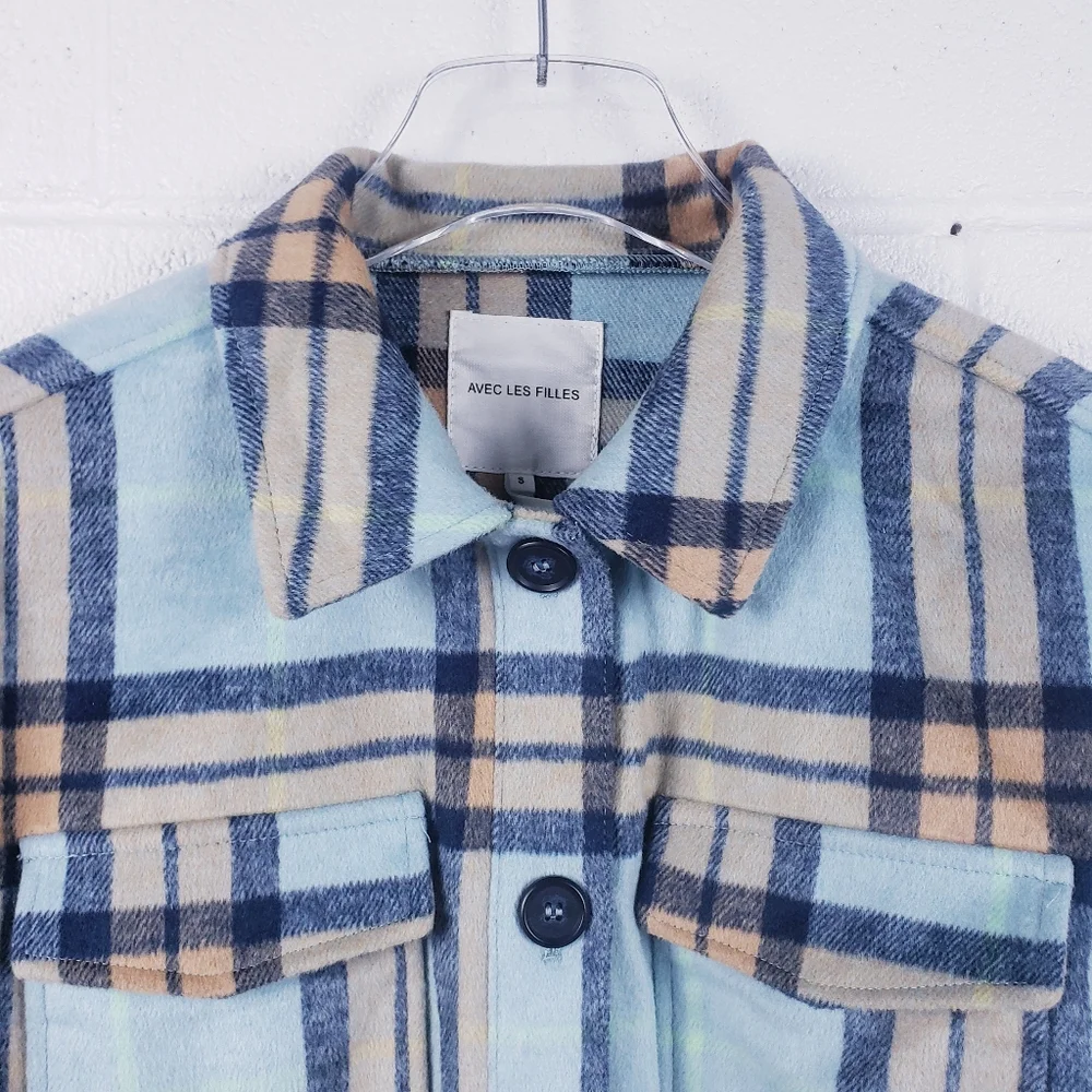 AVEC LES FILLES Oversized Plaid Button Front‎ Fleece Shacket Blue Women's  Small